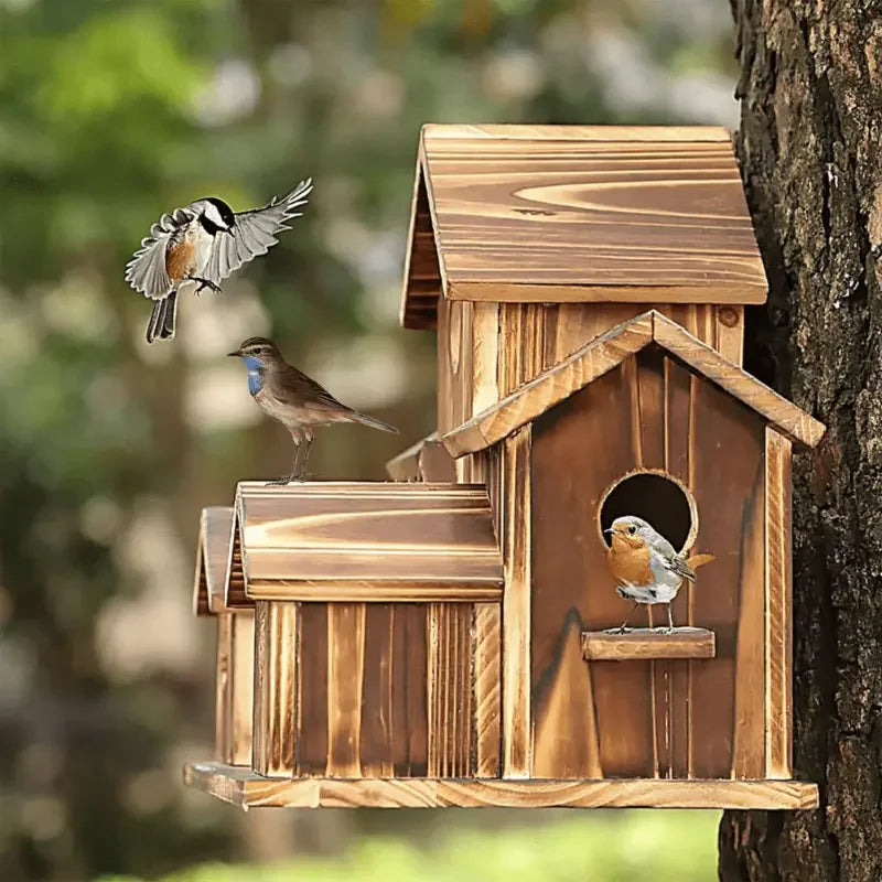 Natural Wooden Hanging Hummingbird and Cardinal House