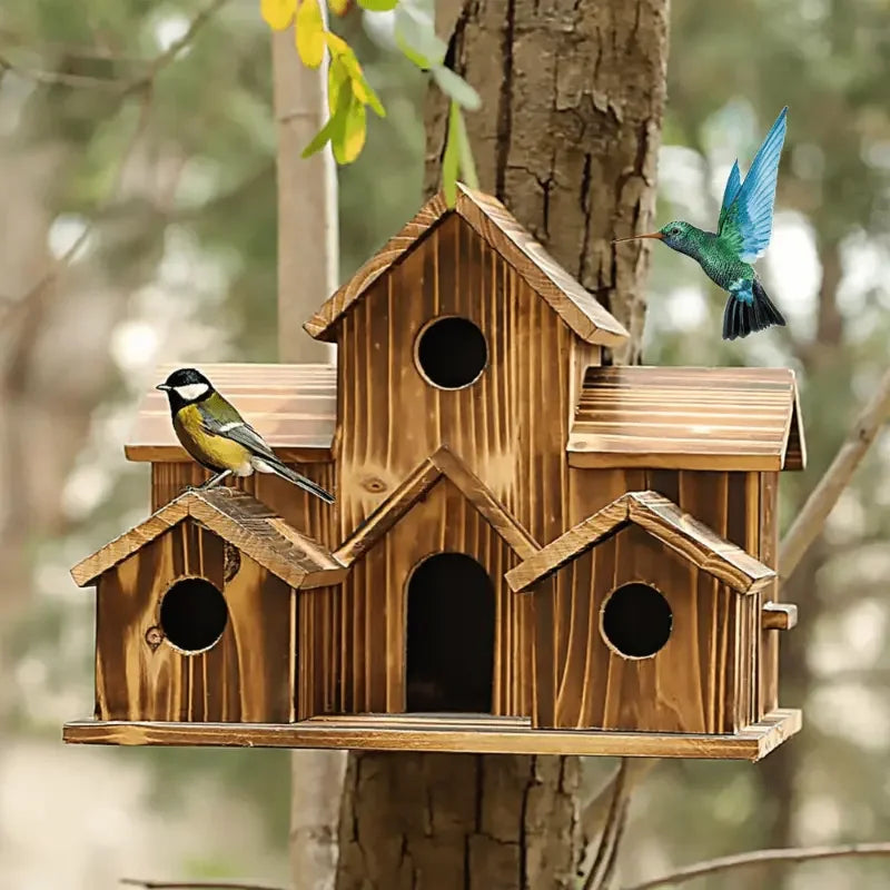 Natural Wooden Hanging Hummingbird and Cardinal House
