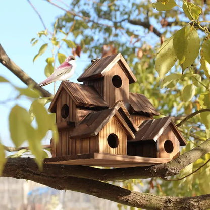 Natural Wooden Hanging Hummingbird and Cardinal House