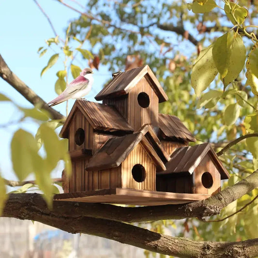 Natural Wooden Hanging Hummingbird and Cardinal House